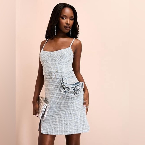ASOS Dresses & Skirts - ASOS Luxe Boucle Mini Corsage Dress in Blue Tweed Size 10